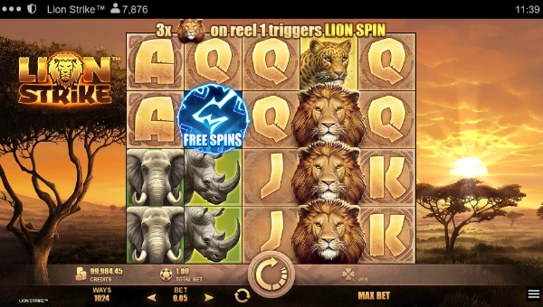 Lion Strike base game screenshot showing reels and features