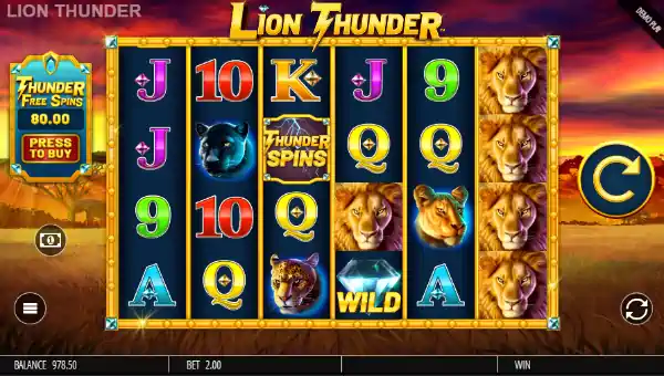 Lion Thunder base game screenshot showing reels and features