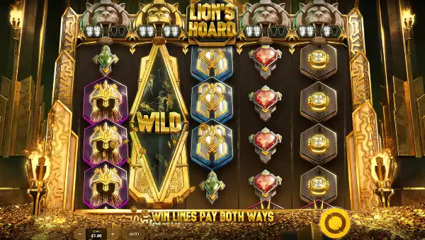 Lions Hoard base game screenshot showing reels and features