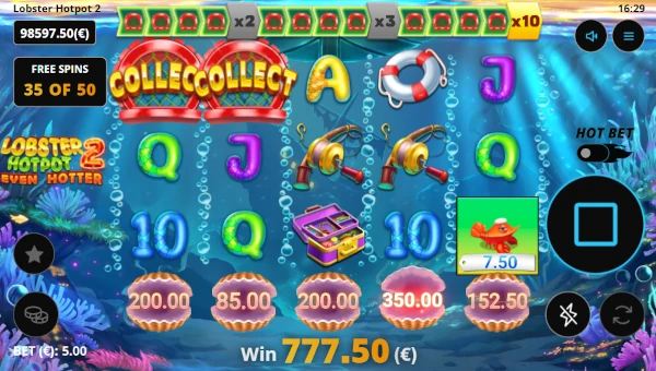 Screenshot of Lobster Hotpot 2 Even Hotter slot demo showing reels and bonus game features