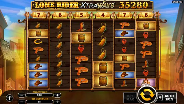 Lone Rider Xtraways base game screenshot showing reels and features