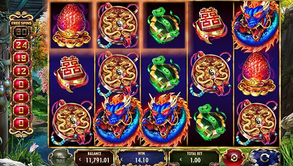 Longmu and the Dragons base game screenshot showing reels and features