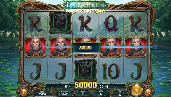 Lord Merlin and the Lady of the Lake base game screenshot showing reels and features