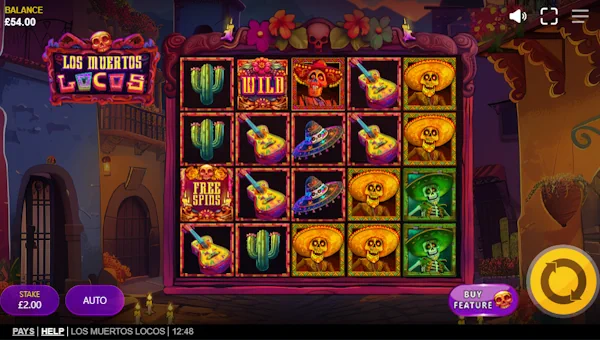 Los Muertos Locos base game screenshot showing reels and features