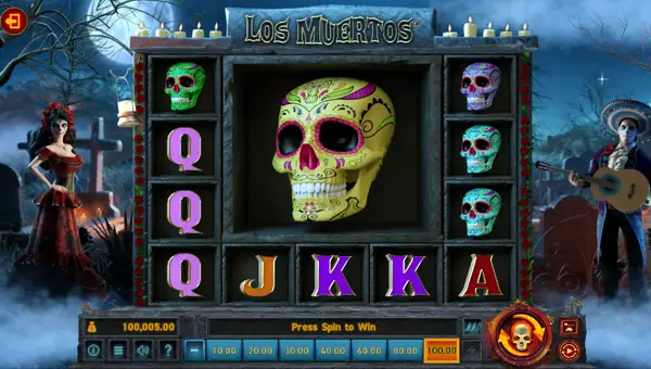 Los Muertos base game screenshot showing reels and features