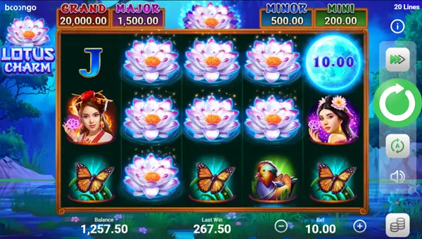 Lotus Charm base game screenshot showing reels and features