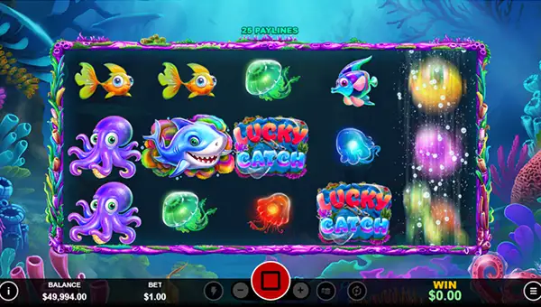 Lucky Catch base game screenshot showing reels and features