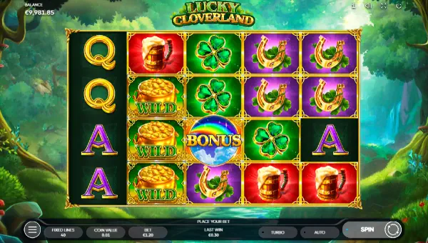 Lucky Cloverland base game screenshot showing reels and features