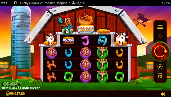 Lucky Clucks 2 Rooster Respins base game screenshot showing reels and features