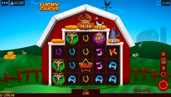 Lucky Clucks base game screenshot showing reels and features