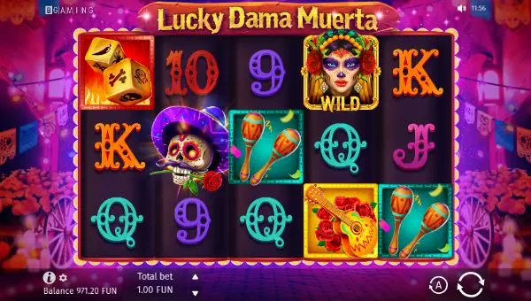 Lucky Dama Muerta base game screenshot showing reels and features