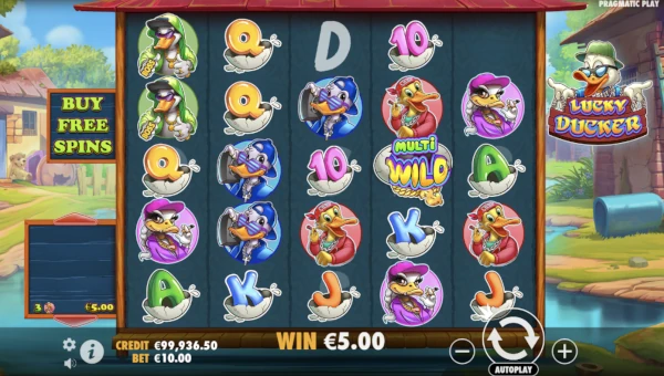Lucky Ducker base game screenshot showing reels and features
