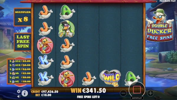Screenshot of Lucky Ducker slot demo showing reels and bonus game features