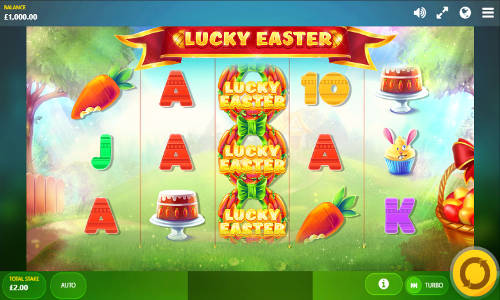 Lucky Easter base game screenshot showing reels and features