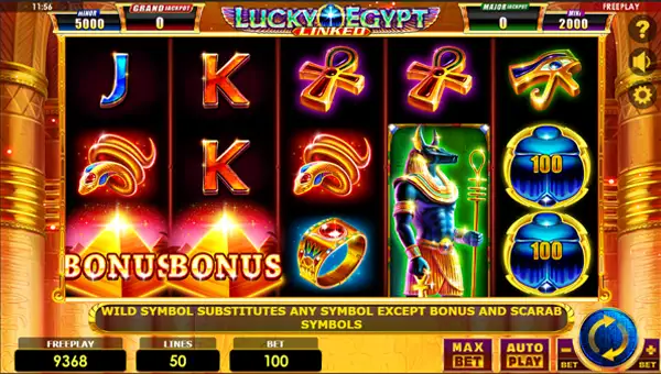 Lucky Egypt base game screenshot showing reels and features