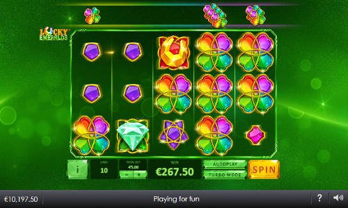 Lucky Emeralds base game screenshot showing reels and features