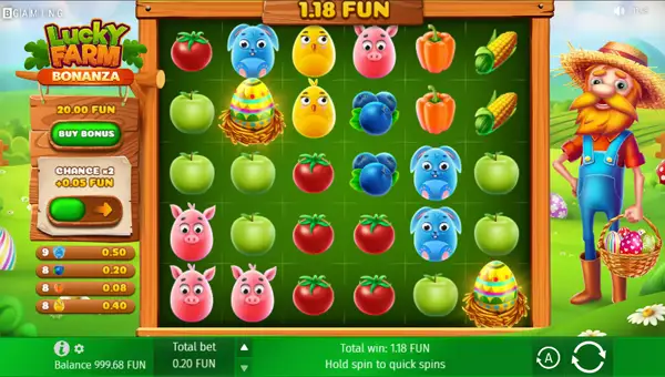Lucky Farm Bonanza base game screenshot showing reels and features