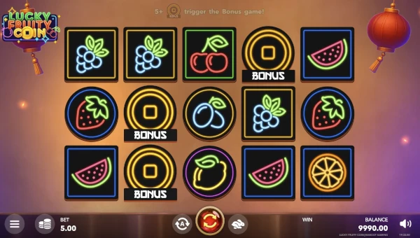 Lucky Fruity Coin base game screenshot showing reels and features