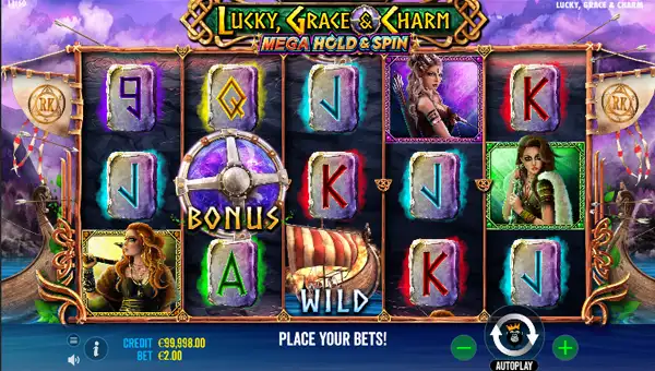 Lucky Grace and Charm base game screenshot showing reels and features