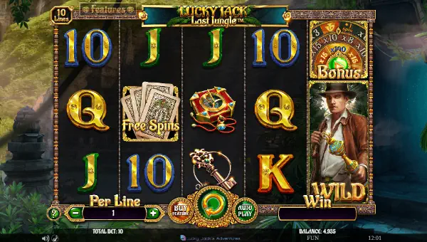 Lucky Jack Lost Jungle base game screenshot showing reels and features