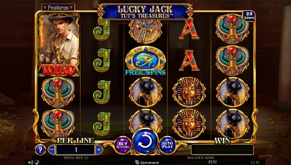Lucky Jack Tuts Treasures base game screenshot showing reels and features