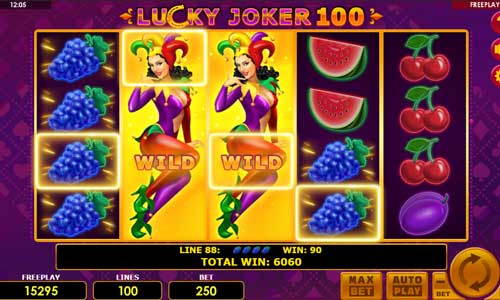 Lucky Joker 100 base game screenshot showing reels and features