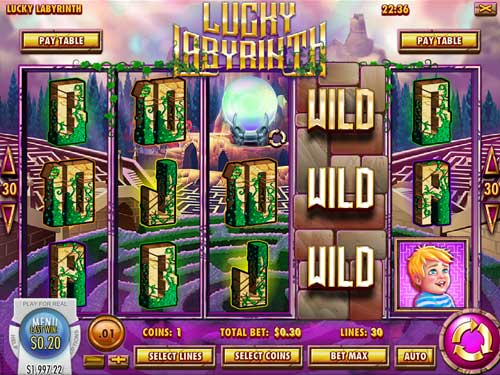 Lucky Labyrinth base game screenshot showing reels and features