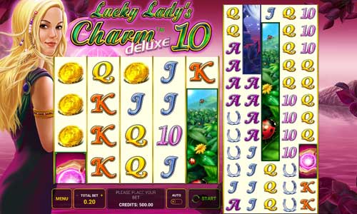 Lucky Ladys Charm Deluxe 10 base game screenshot showing reels and features