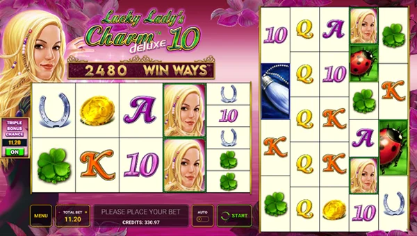 Lucky Ladys Charm Deluxe 10 Win Ways base game screenshot showing reels and features