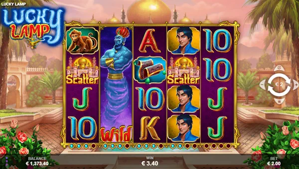 Lucky Lamp base game screenshot showing reels and features