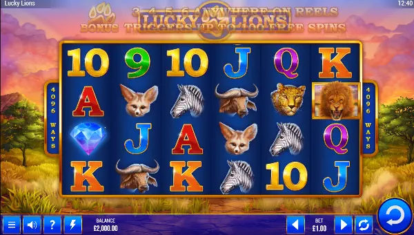 Lucky Lions base game screenshot showing reels and features