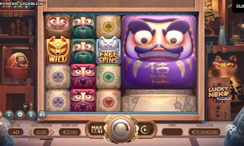 Lucky Neko Gigablox base game screenshot showing reels and features