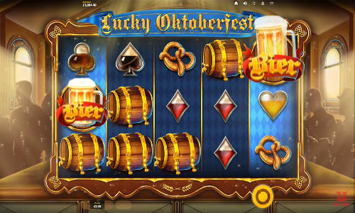 Lucky Oktoberfest base game screenshot showing reels and features