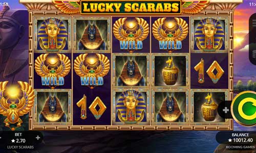 Lucky Scarabs base game screenshot showing reels and features