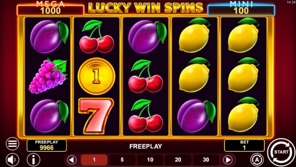 Lucky Win Spins base game screenshot showing reels and features