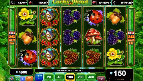 Lucky Wood base game screenshot showing reels and features