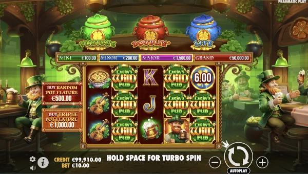 Luckys Wild Pub base game screenshot showing reels and features