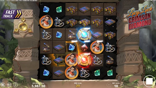 Lucy Luck and the Crimson Diamond base game screenshot showing reels and features