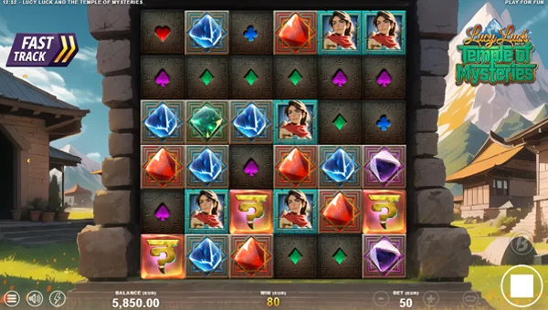 Lucy Luck and the Temple of Mysteries base game screenshot showing reels and features
