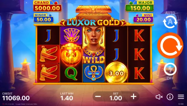 Luxor Gold Hold and Win base game screenshot showing reels and features