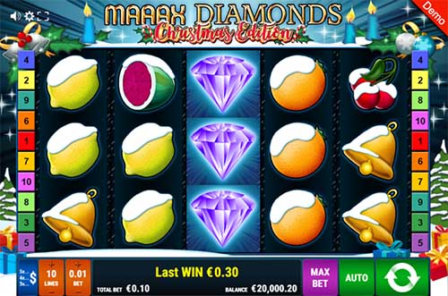 Maaax Diamonds Christmas Edition base game screenshot showing reels and features