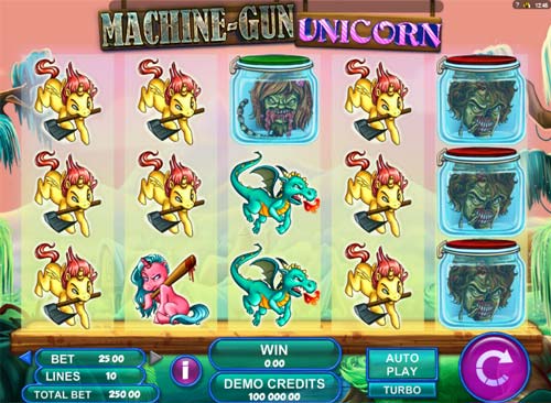 Machine Gun Unicorn base game screenshot showing reels and features