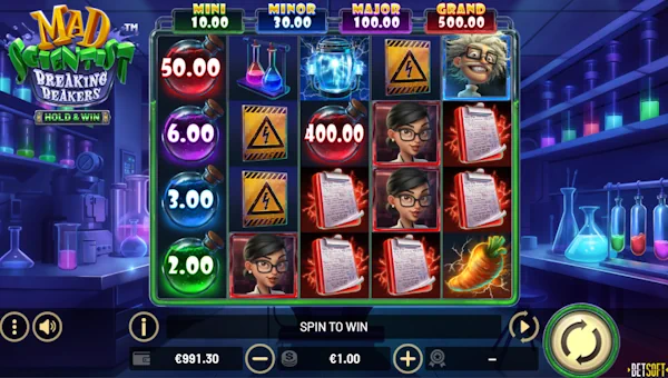 Mad Scientist Breaking Beakers base game screenshot showing reels and features