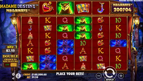 Madame Destiny Megaways base game screenshot showing reels and features