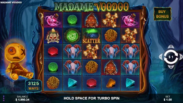 Madame Voodoo base game screenshot showing reels and features