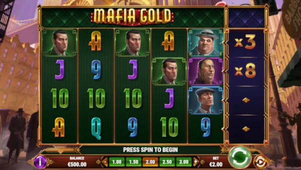 Mafia Gold base game screenshot showing reels and features