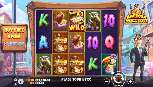 Mafiosa Dead or a Llama base game screenshot showing reels and features