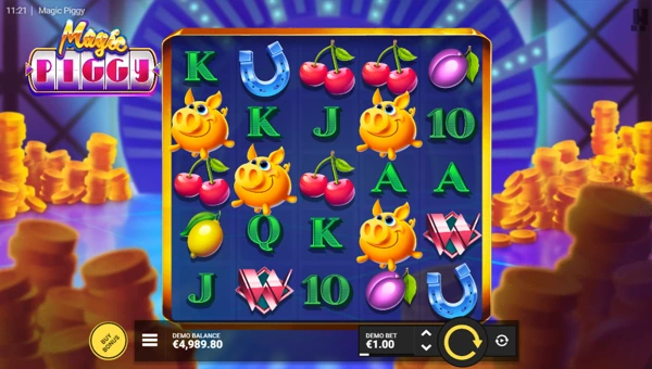 Magic Piggy base game screenshot showing reels and features