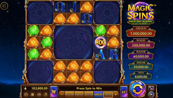 Magic Spins base game screenshot showing reels and features
