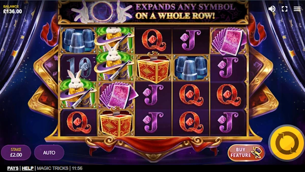 Magic Tricks base game screenshot showing reels and features